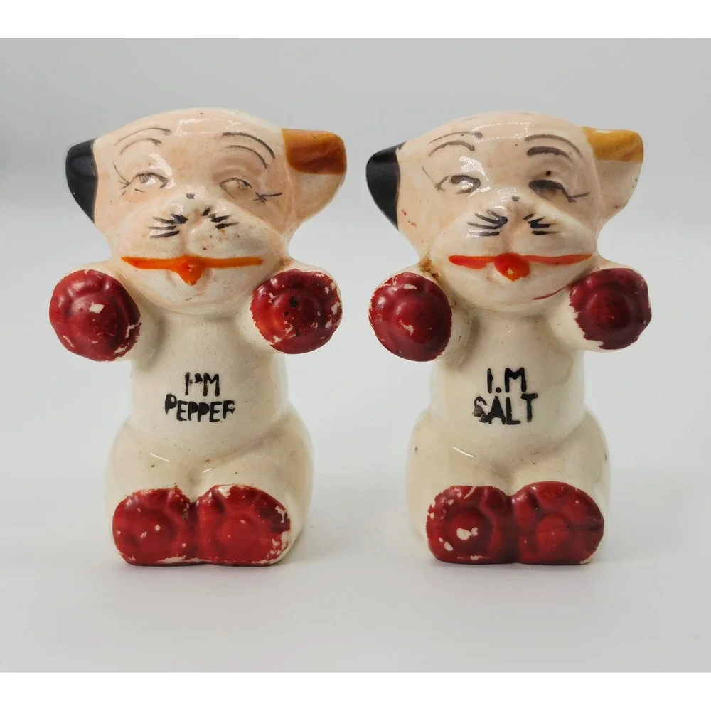Vintage Japan Winking Puppy Dog Salt and Pepper Shakers Red Boxing Gloves Set